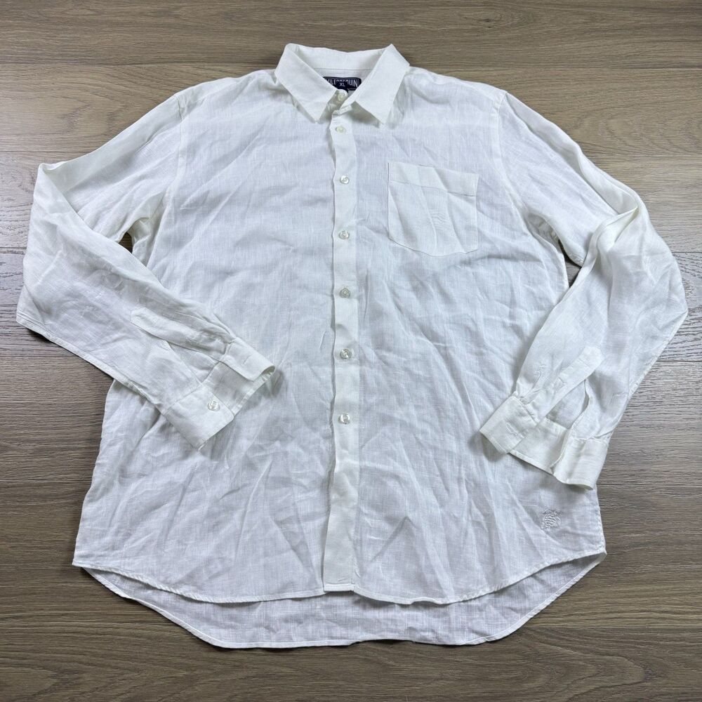 Vilebrequin Shirt Men XL White Linen Button Up Lightweight Summer Travel Resort